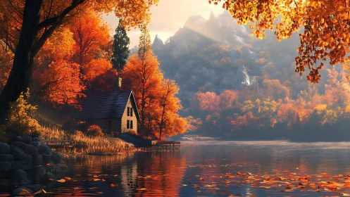 Lakeside cabin amid dense autumn forest and distant mountains.