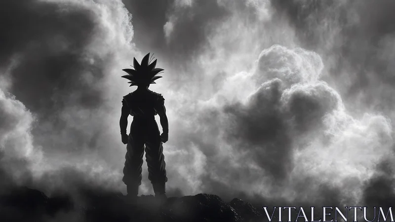 Silhouetted spiky-haired fighter stands against dense storm clouds