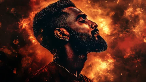 Profile portrait in fiery bokeh field with cinematic rim lighting.