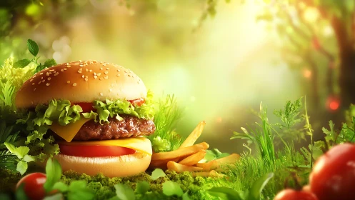 Sunny forest picnic burger with golden fries and greens.