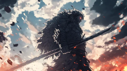 Dark giant swordsman silhouetted against burning sky.