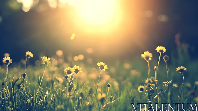 Backlit wild daisies glowing in warm sunset meadow haze.
