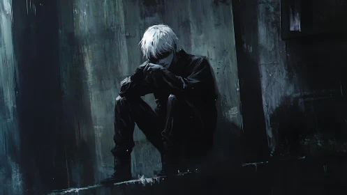 Lonely white haired figure sitting in dark urban alleyway.