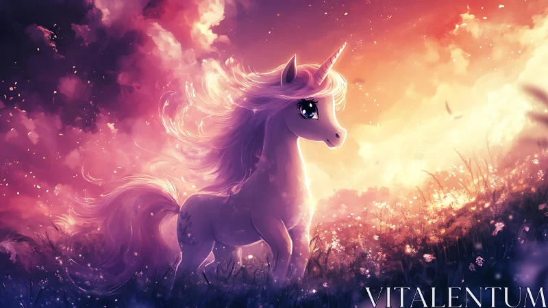 Unicorn in glowing meadow under vivid sunset sky.