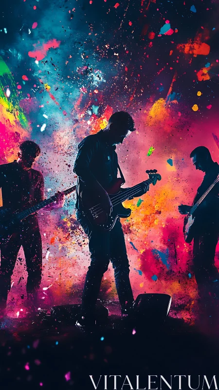 Digital painting of rock band silhouettes in vibrant color storm.