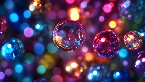 Colorful translucent bubbles float against defocused lights
