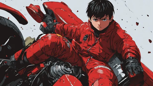 High-velocity rider in red suit amid dynamic debris field.