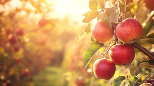 Ripe red apples glowing on sunlit orchard branch at dusk.