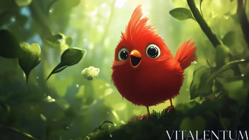 Adorable Red Cartoon Bird in Lush Green Forest, Digital Art Style.
