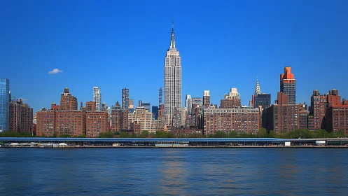 New York skyline rises beyond calm river under clear sky
