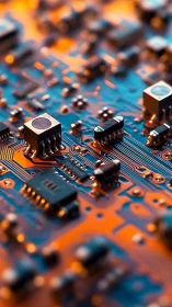 Glowing circuit pathways in a warm electric cityscape.