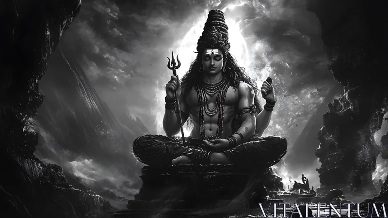 Monochrome meditative deity rendered with cinematic chiaroscuro lighting