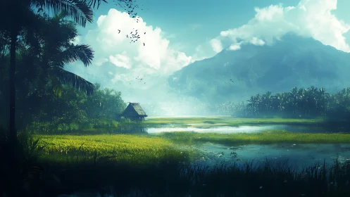 Solitary hut beside misty wetlands under distant mountain.