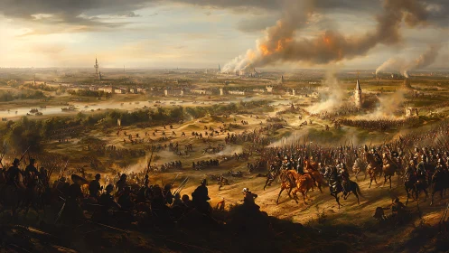 Panoramic seventeenth‑century siege battlefield rendered with dense troop formations