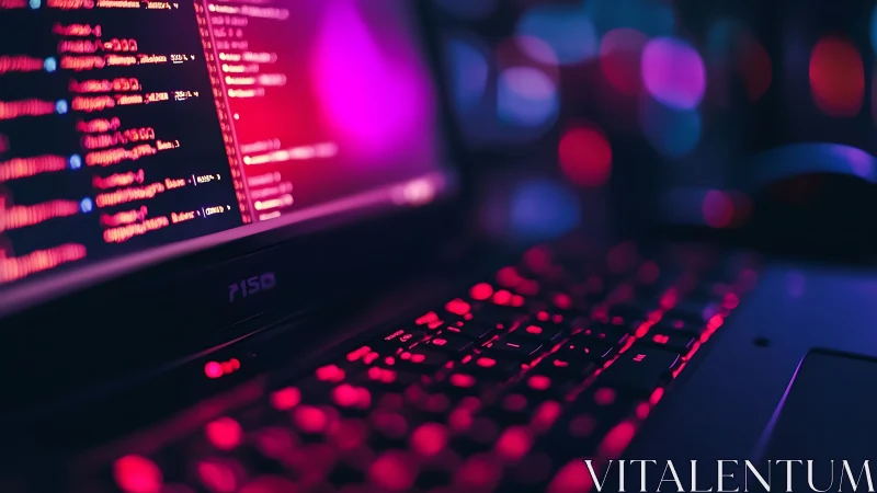 Low light laptop keyboard with code editor and neon bokeh lighting