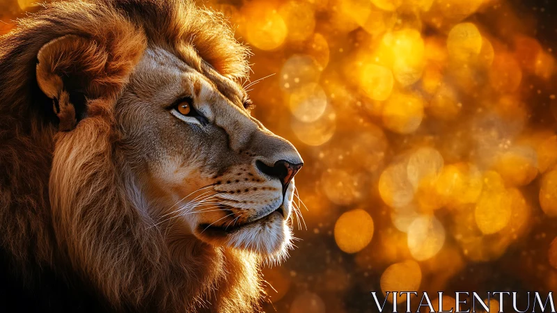 Side-profile lion portrait against golden bokeh background