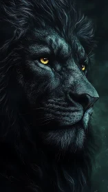Side profile of digitally rendered dark lion with lighted eyes