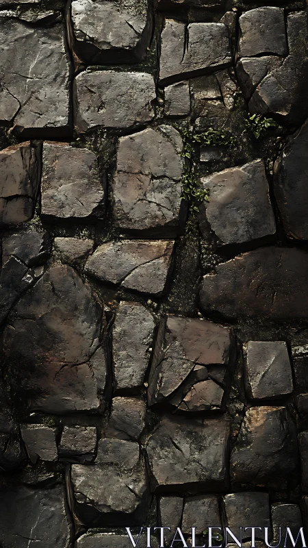 Irregular stone pavement surface shows weathered texture
