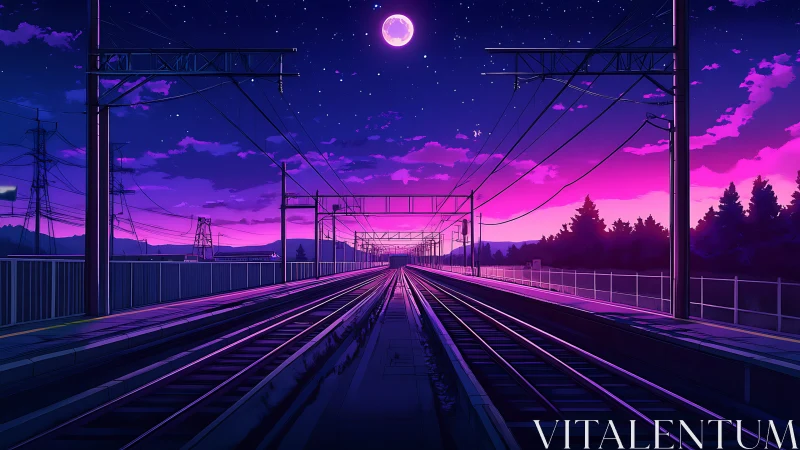 Moonlit railway glows under a dreamy purple twilight sky