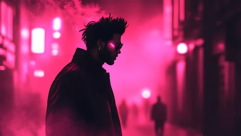 Silhouetted figure in neon-lit urban alley with pink haze.