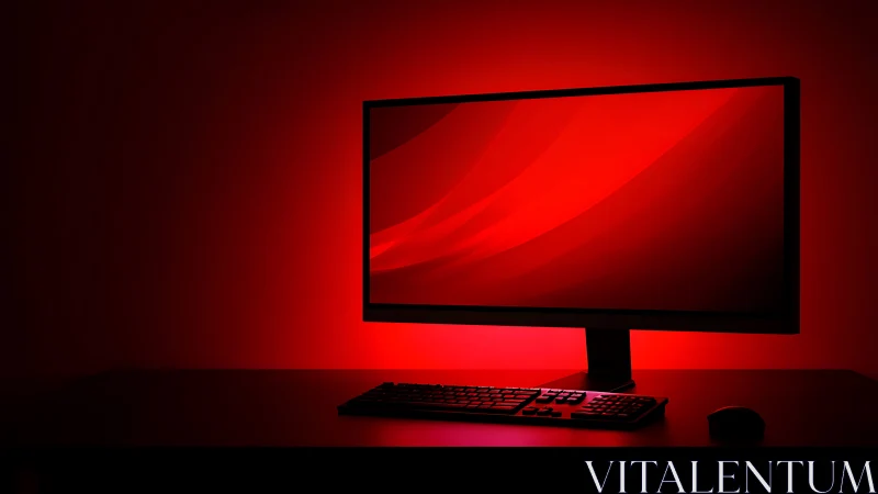 Ultra-wide desktop monitor in monochrome red backlit workspace
