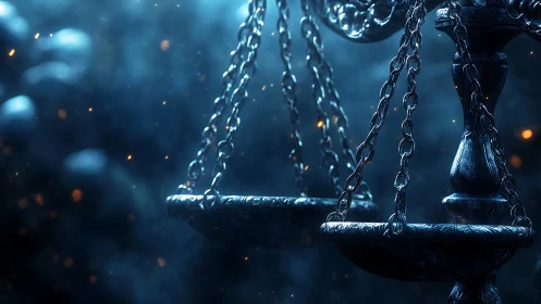 Metal balance scales in dim blue light with suspended chains.