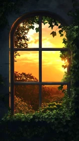 Sunset glows beyond ivy framed rustic arched window
