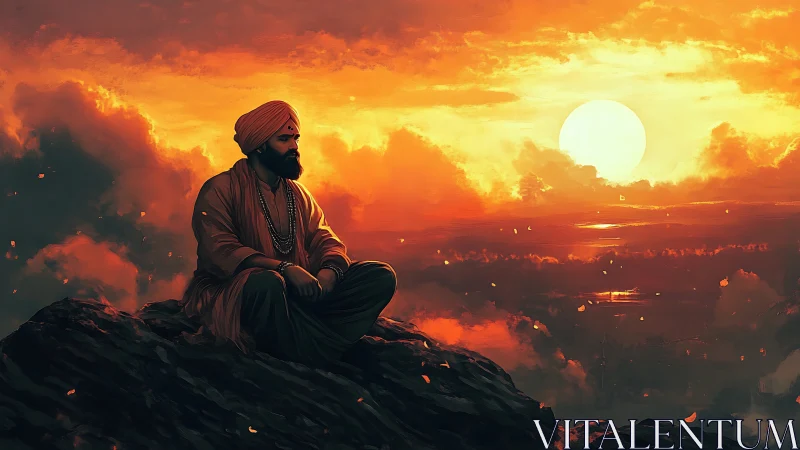 Turbaned man seated on rocky ledge before orange sunset.