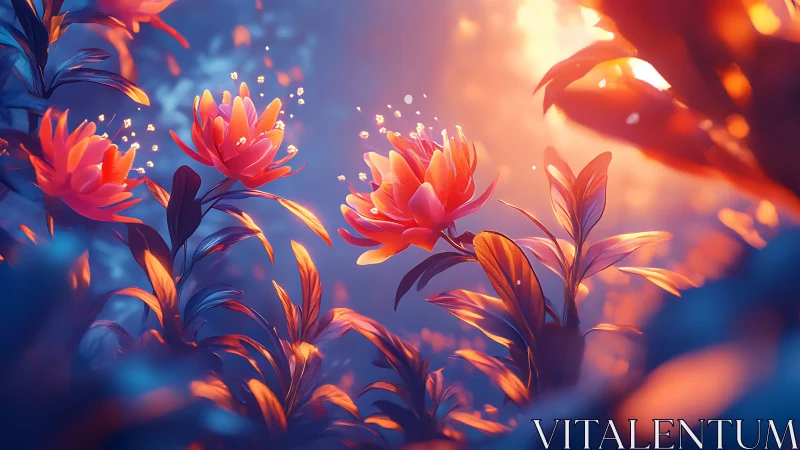 Luminescent Flowers Glowing Against Blue-Orange Sky.