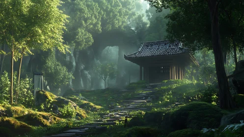 Radiant moss-temple threshold in volumetric forest lightscape.