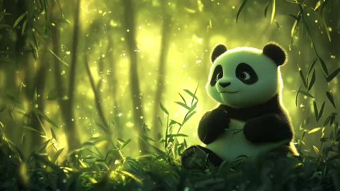 Gentle baby panda relaxing in sunlit bamboo forest.