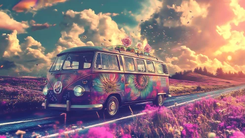 Psychedelic van cruising through neon sunset meadows.