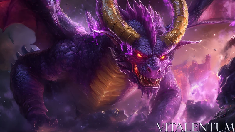 Arcane amethyst dragon with molten horns in storming ruins