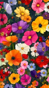 Vibrant Cosmos Garden: Layered Florals in Saturated Chromatic Density.