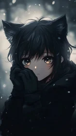 Soft winter gaze of a shy cat-eared anime girl outside.