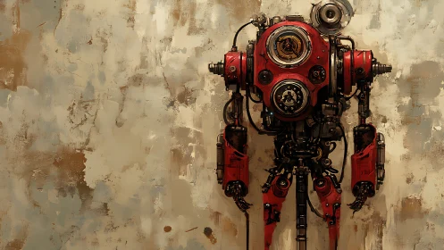 Red industrial robot stands against textured painted wall