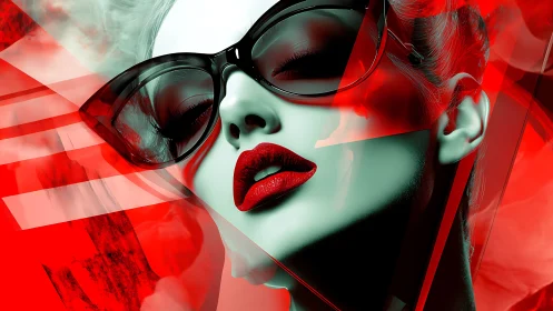 Luminous red femme portrait merges fashion and abstract geometry