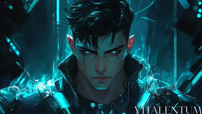 Electric gaze of a cyberpunk hero standing in neon storms