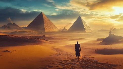 Solitary figure walking toward pyramids in glowing desert light