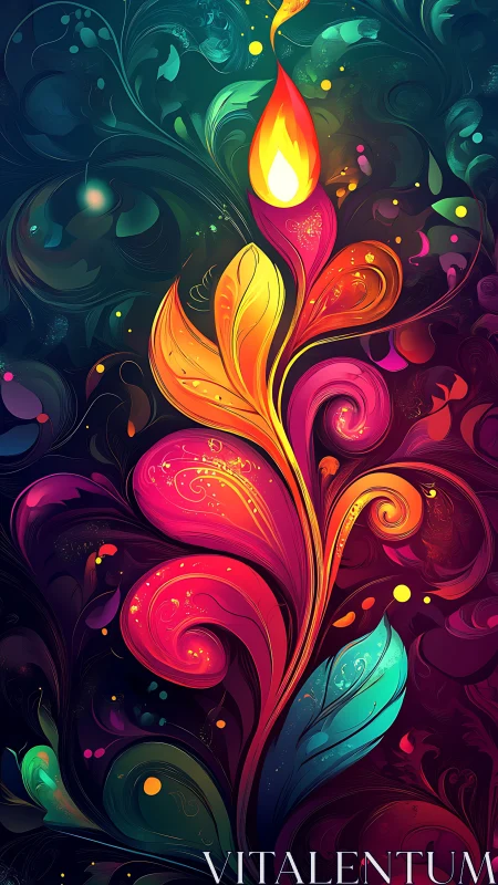 Floral flame rises through neon swirling abstract foliage.