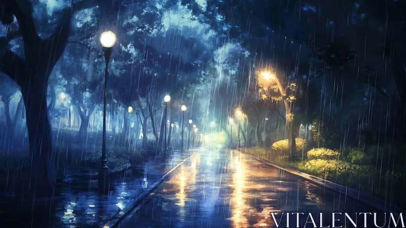 Rain-soaked park path glows under blurred lamplight