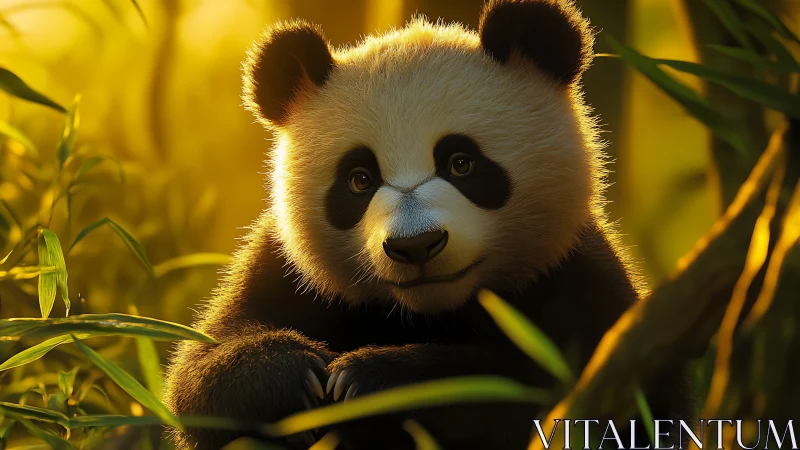 Young panda sits among bamboo in warm golden light.