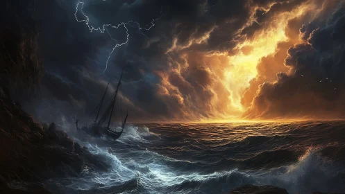 Storm-tossed ship meets blazing horizon in raging seascape.