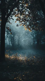 Autumn Forest Path Through Mist and Golden Light.
