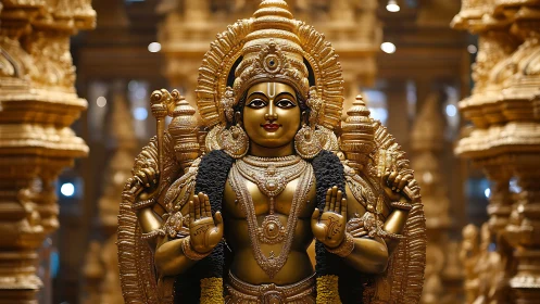 Golden Hindu deity statue radiates serene spiritual majesty