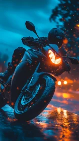 Sport motorcycle carves wet city street under neon rain.