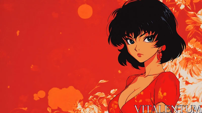 Scarlet-haired anime woman framed by abstract floral reds