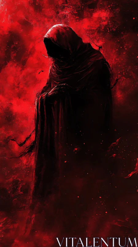 Hooded shadow in crimson mist, quietly holding the dark.