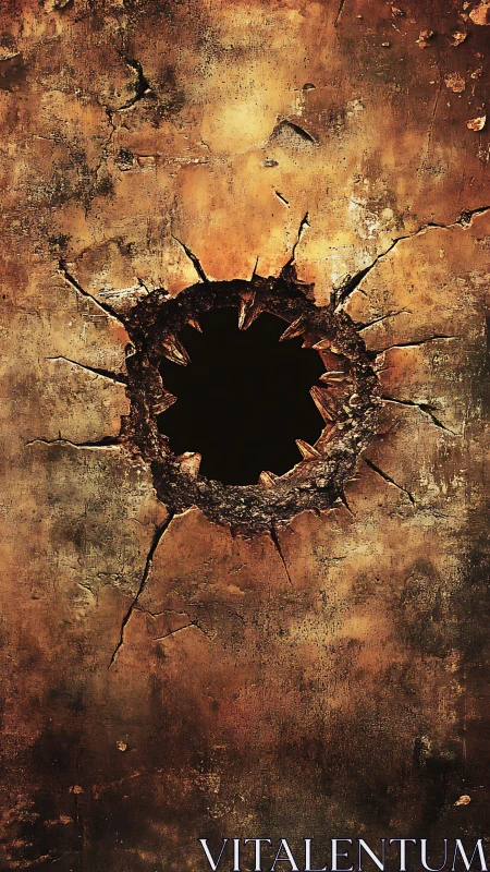 Rusted wall surface torn open by jagged central impact hole
