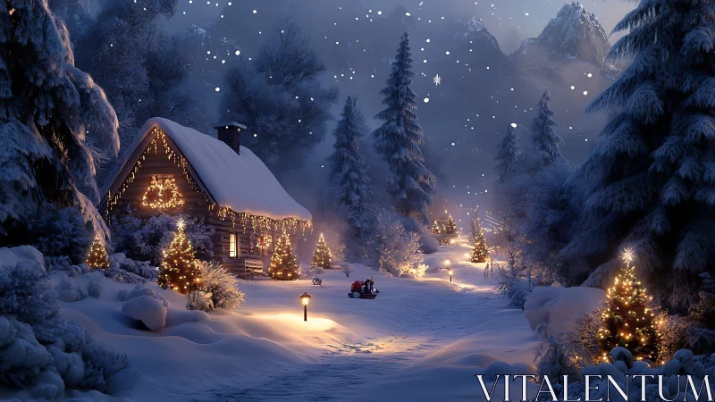 Snowy forest cabin glows with warm Christmas lantern light